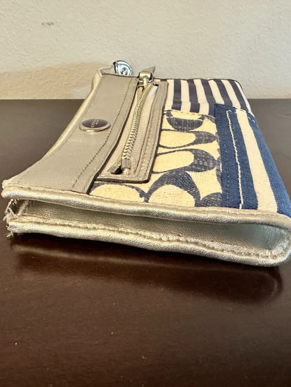 Coach Metallic Silver Leather/Canvas Patchwork Zip Wallet Wristlet Blue White